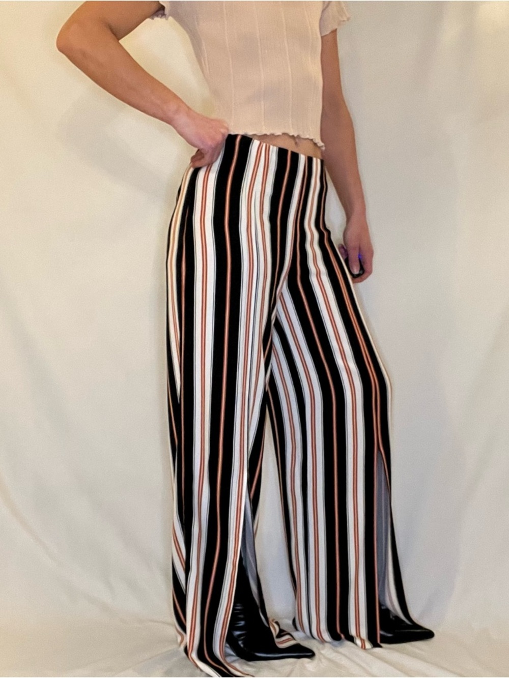 Forever 21 Striped High Rise Wide Leg Trouser Casual Dress Pants Women's Medium - Picture 7 of 10